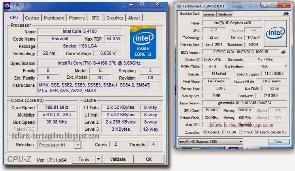 Hasil dari CPU-Z dan GPU-Z Intel Core i3 4160 CPU-Z dan GPU-Z Intel Core i3 4160