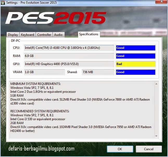 PES 2015 dengan pengaturan High pada VGA Intel HD 4400 High setting PES 2015 on Intel HD 4400